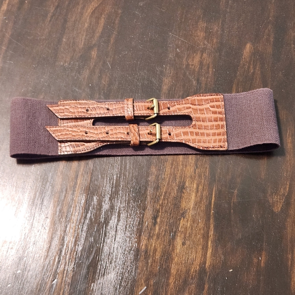 Brooks Brothers Brown Leather Elastic Croc Embossed Double Buckle Belt S/M
